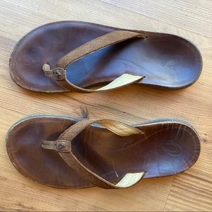 Olukai Pua Brown Leather Flip Flop Sandals